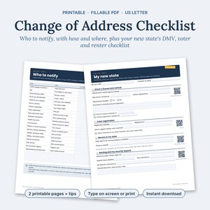 Lista de verificación para cambio de domicilio imprimible, Lista de cambio de domicilio por mudanza, A quién notificar al mudarse, Oficina de correos, IRS, DMV, PDF rellenable