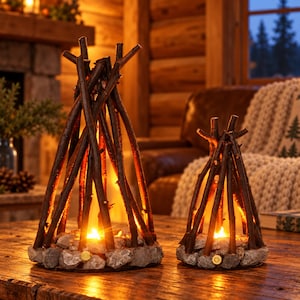 May include: Two conical decorative lamps constructed from dark brown twigs arranged in a teepee shape, resting on a base of gray stones. Each lamp features a warm, glowing light source at the center, mimicking the appearance of a small campfire.