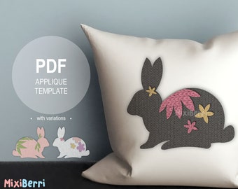 3 Bunny Silhouette Applique Template PDF Instant Download, Easter, Rabbits, Cute Applique Template, Animal, Floral, 3 Designs in 1