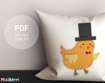 Gentleman Bird Wearing a Top Hat Applique Template PDF Instant Download, Chick, Cute Applique Template, Animal, Cute Bird, DIY Applique