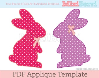 May include: Two bunny rabbit applique templates, one pink with white polka dots and one purple with white polka dots. Both bunnies have a pink bow.