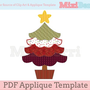 May include: A layered Christmas tree applique template with a yellow star on top. The tree features various patterns, including polka dots, hearts, and geometric shapes, in shades of green, red, and white. The base is a brown pot with vertical stripes. Text at the bottom reads "PDF Applique Template."