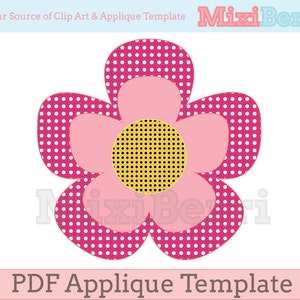 May include: A pink flower with a yellow center and white polka dots. The flower is a PDF applique template.