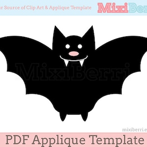 May include: A black bat applique template with outstretched wings, a pink nose, and two white fangs. The image includes the text "MixiBerri" and "PDF Applique Template". The bat is a cartoon style design.