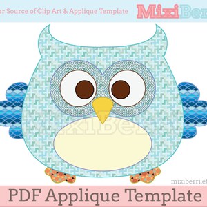 May include: A whimsical owl applique template in shades of blue, green, and brown. The owl features patterned details, large brown eyes, and a yellow beak. The text "PDF Applique Template" is displayed at the bottom, with the Etsy shop name and URL.