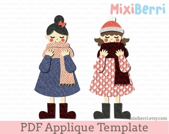 Winter Girls, Cute Applique Template PDF Instant Download, Christmas, Autumn, Cozy,  2 Designs in 1