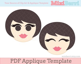 Cute Lady Applique Template PDF Applique Design, Cute Face, Girl Head Applique Pattern, Quilting, Sewing, Instant Download