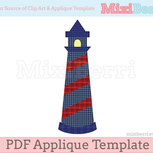 May include: A digital applique template of a lighthouse. The lighthouse is primarily navy blue with red plaid stripes. The top of the lighthouse is navy blue with a yellow light. The text "PDF Applique Template" is at the bottom.