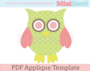 Owl Green and Pink Applique Template PDF Instant Download
