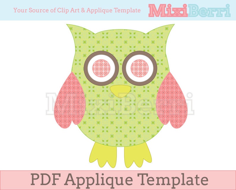 Owl Green and Pink Applique Template PDF Instant Download image 1