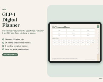 GLP-1 Digital Planner for GoodNotes & Notability, Hyperlinked iPad Journal, Injection Log, Symptom Tracker, 26 Weekly Check-Ins