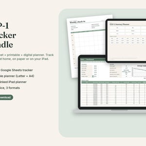 GLP-1 Tracker Bundle, Google Sheets & Excel Spreadsheet, Printable Planner, Hyperlinked Digital Planner, Injection and Symptom Log image 1