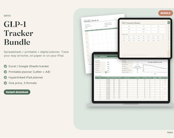 GLP-1 Tracker Bundle, Google Sheets & Excel Spreadsheet, Printable Planner, Hyperlinked Digital Planner, Injection and Symptom Log