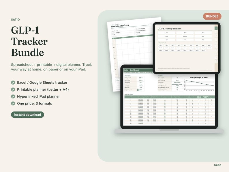 GLP-1 Tracker Bundle, Google Sheets & Excel Spreadsheet, Printable Planner, Hyperlinked Digital Planner, Injection and Symptom Log image 1