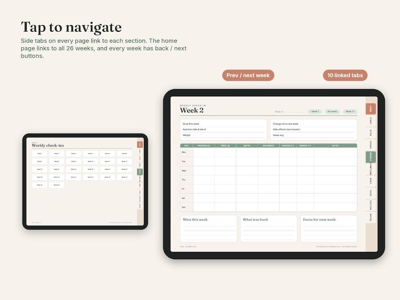 Planificador digital GLP-1 para GoodNotes y Notability, diario para iPad con hipervínculos, registro de inyecciones, seguimiento de síntomas, 26 controles semanales. imagen 2