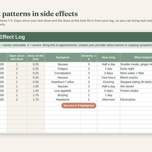 GLP-1 Tracker Spreadsheet, Google Sheets & Excel, Injection Log, Site Rotation, Weight Chart, Side Effect Log, Protein Fiber Tracker image 5