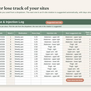 GLP-1 Tracker Spreadsheet, Google Sheets & Excel, Injection Log, Site Rotation, Weight Chart, Side Effect Log, Protein Fiber Tracker image 3