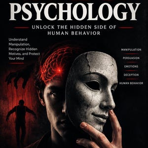 Pode incluir: Uma capa de livro intitulada Dark Psychology: Unlock the Hidden Side of Human Behavior por Pat Munoz. Mostra uma pessoa segurando uma máscara rachada sobre o rosto, um cérebro vermelho brilhante e a silhueta de uma pessoa controlada por fios.