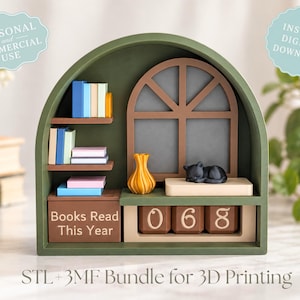 May include: A green arched 3D printed display featuring a window, a sleeping black cat, a yellow vase, and shelves with colourful books. A brown box is labelled "Books Read This Year" next to three rotating number blocks showing 068.