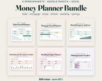 Personal Finance Spreadsheet Bundle, Debt Payoff, Mortgage, Rental Property, Airbnb, Wedding Budget and Savings Tracker, Google Sheets Excel