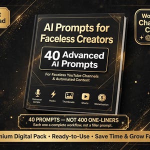 Faceless YouTube Prompts | 40 AI Prompts for Faceless Channels — Voiceover Scripts Hooks Thumbnails Shorts Monetization PDF