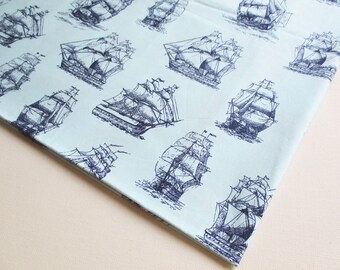 Katoenen stof met nautische scheepsprint, blauwe oceaanreis, 1 yard (ca. 90 cm)