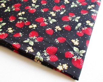Strawberry Print Cotton Fabric, Black and Red, CT560, 1 Yard