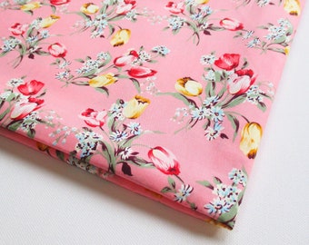 Pink Tulip Floral Print Cotton Fabric, Red, Yellow, Blue