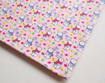 Winter Rabbit, Christmas, Pine, Pastel Pink fabric Rabbit with scarf ,Cartoon Fabric, Baby shower, Kid Dress, baby blanket, Cushion CT714