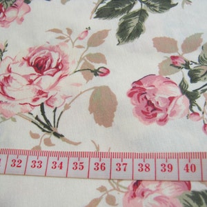 Vintage Rose Cotton Fabric White fabric Pink Rose in the Garden wedding, Spring, pink flower bunch, Curtain, dress fabric, gift wrap, CT146 image 2