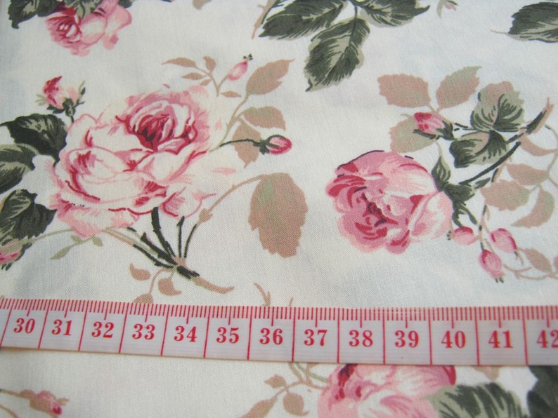 Vintage Rose Cotton Fabric White fabric Pink Rose in the Garden wedding, Spring, pink flower bunch, Curtain, dress fabric, gift wrap, CT146 image 2