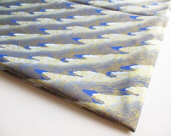 Japanese Kimono Cotton Fabric, Blue Golden River Print, 1 Yard