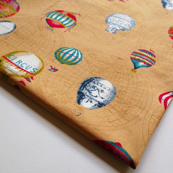 Balloon Journey around the world, Adventure Travel,World Map, brown fabric, Fancy Balloon, handmade bag, Book Cover, Pillow, Furniture CT720