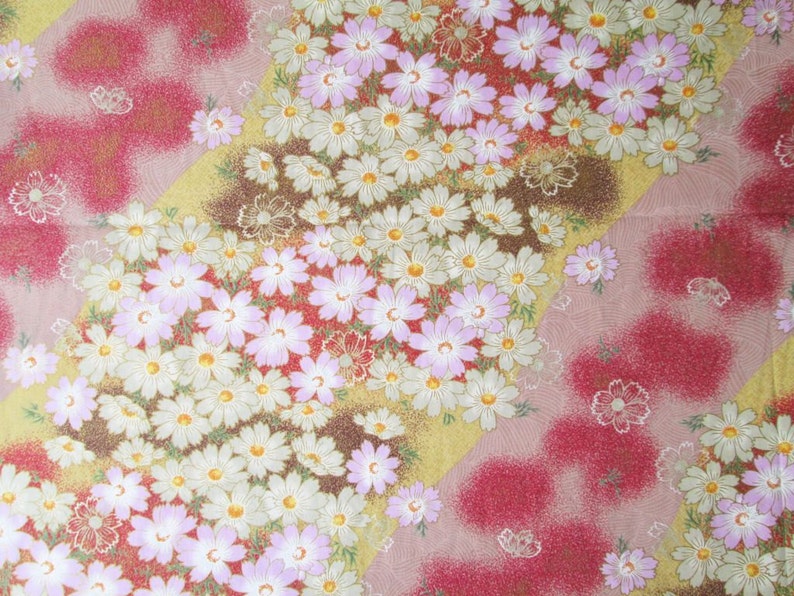 Kimono Cotton Japanese Fabric Pink Yellow River of Flower White Yellow Pink Daisy, pillow cover, summer, dress, tote bag, craft, KM026 image 3