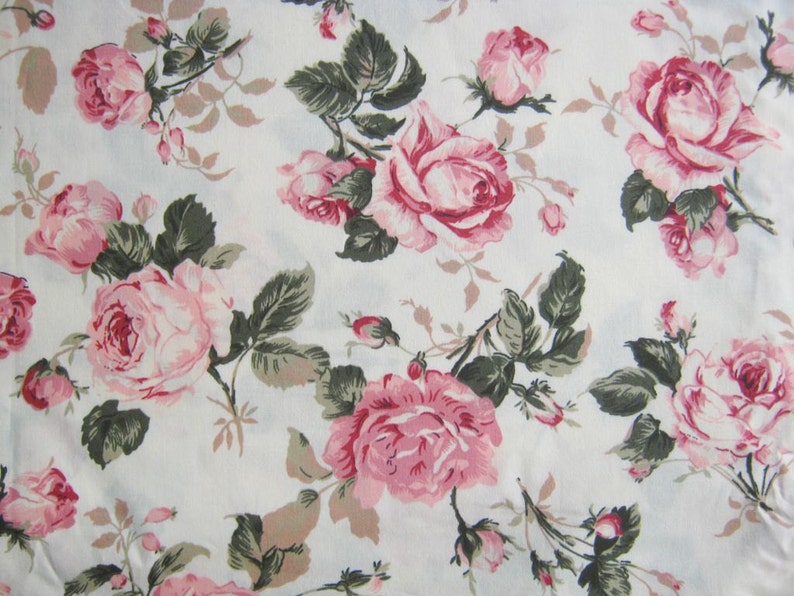 Vintage Rose Cotton Fabric White fabric Pink Rose in the Garden wedding, Spring, pink flower bunch, Curtain, dress fabric, gift wrap, CT146 image 3