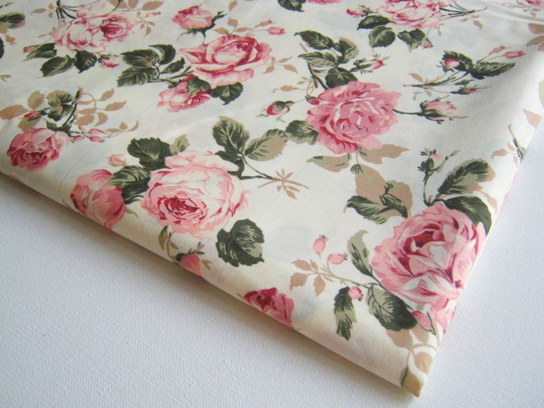 Vintage Rose Cotton Fabric White Fabric Pink Rose in the Garden Wedding