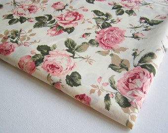 Vintage Rose Cotton Fabric White fabric Pink Rose in the Garden wedding, Spring, pink flower bunch, Curtain, dress fabric, gift wrap, CT146