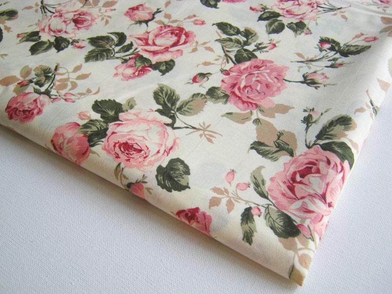 Vintage Rose Cotton Fabric White fabric Pink Rose in the Garden wedding, Spring, pink flower bunch, Curtain, dress fabric, gift wrap, CT146 image 1