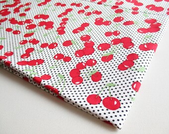 Tissu en coton imprimé cerises, tissu à pois noirs et blancs, fruits d'été