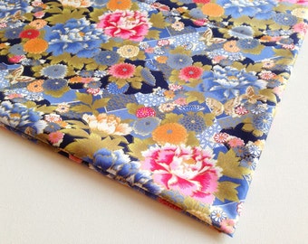 Blue Pink Yellow Chrysanthemum Cotton Japanese Kimono, Golden fabric, Japan tradition,  festival, curtain, pillow cover, cosmetic bag KM045