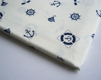 Cotton Fabric White Navy Marine, ship, wheel, anchor, flag unique fabric, Marine003, Quilt, 100% cotton, Baby shower, Living room curtain