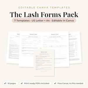 May include: A digital collection of seven editable lash business forms including client intake, patch test records, service records, and appointment policies. The documents are formatted for US Letter and A4 sizes, designed for customization in Canva.