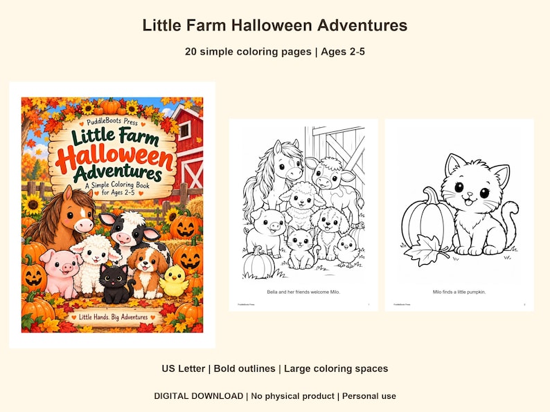 Halloween Farm Coloring Book Ages 2-5: 20 Simple Printable Pages, US ...