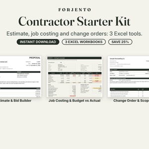以下が含まれることがあります： Forjentoのコントラクター・スターターキットには、見積もり、原価計算、変更指示書用の3つのExcelワークブックが含まれています。デジタル表示には、見積もり・入札ビルダー、原価計算・予算対実績シート、変更指示・範囲ログが表示されています。