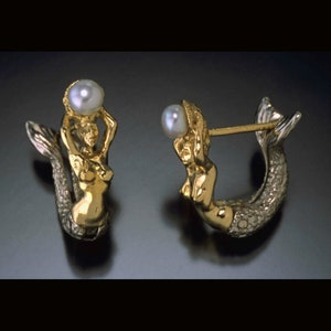 Little Mermaid 14K gold and Sterling Silver and Pearl earrings with Omega backings