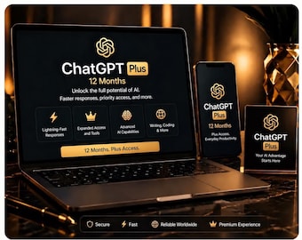 May include: A laptop, smartphone, and small sign displaying ChatGPT Plus 12 Months branding. The screens feature gold logos, text about AI capabilities, lightning, crown, brain, and globe icons, and buttons labeled 12 Months, Plus Access.