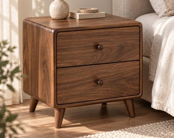 Mesita de noche de madera de nogal con 2 cajones, mesa auxiliar redonda con patas desmontables, muebles de dormitorio de mediados de siglo.