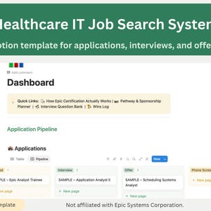 May include: A digital Notion template for a Healthcare IT Job Search System. The dashboard displays an application pipeline with columns for Applied, Interview, Offer, and Phone Screen, featuring sample job titles and quick links.