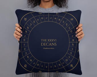 Könnte beinhalten: Ein quadratisches marineblaues Dekokissen mit einem goldenen, kreisförmigen astrologischen Diagramm. Der mittlere Text lautet THE XXXVI DECANS Chaldean rulers, umgeben von Tierkreiszeichen und Planetensymbolen in kreisförmiger Anordnung.