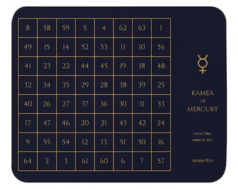 Könnte beinhalten: Eine rechteckige dunkelblaue Matte mit einem goldenen Gitter, das die Zahlen von 1 bis 64 enthält. Rechts steht der Text KAMEA OF MERCURY, every line sums to 260 und Agrippa II.22, begleitet vom planetaren Symbol des Merkur.